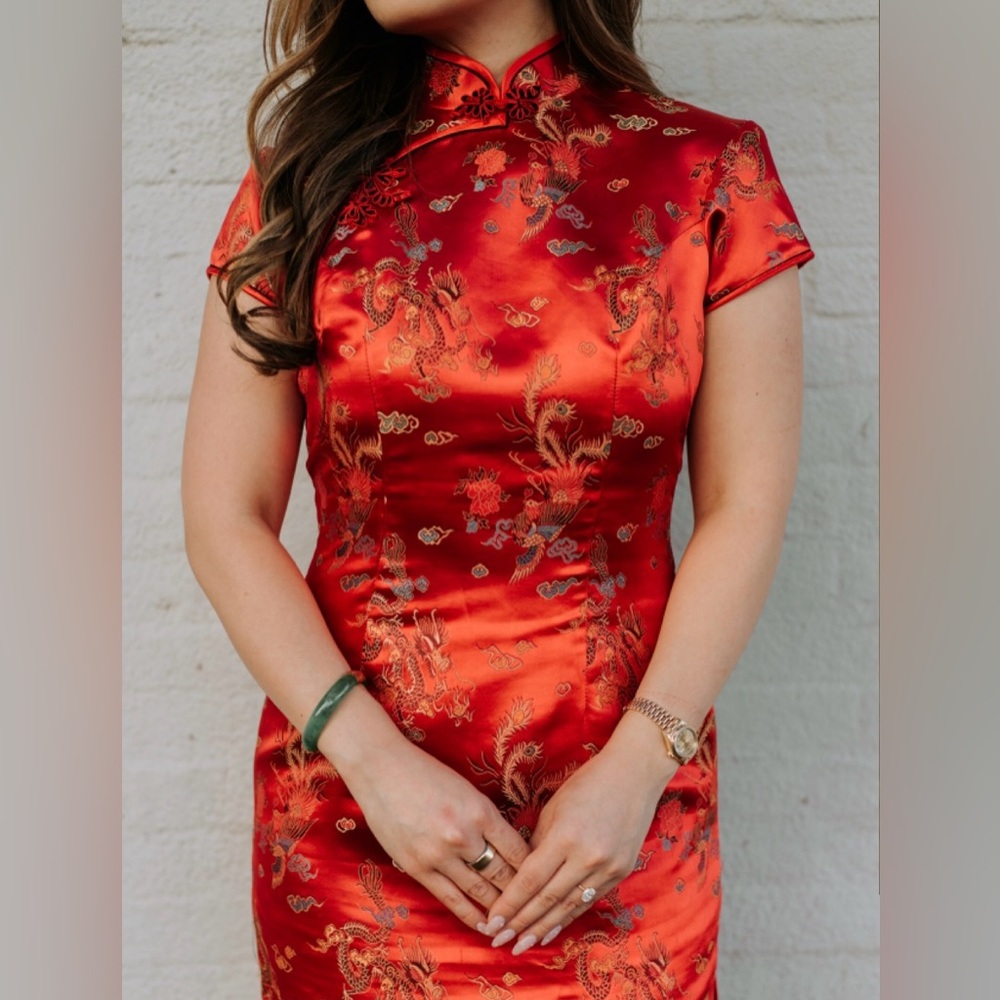 Chinese Red Cheongsam Qipao Dragon Phoenix Satin Traditional Wedding Dress